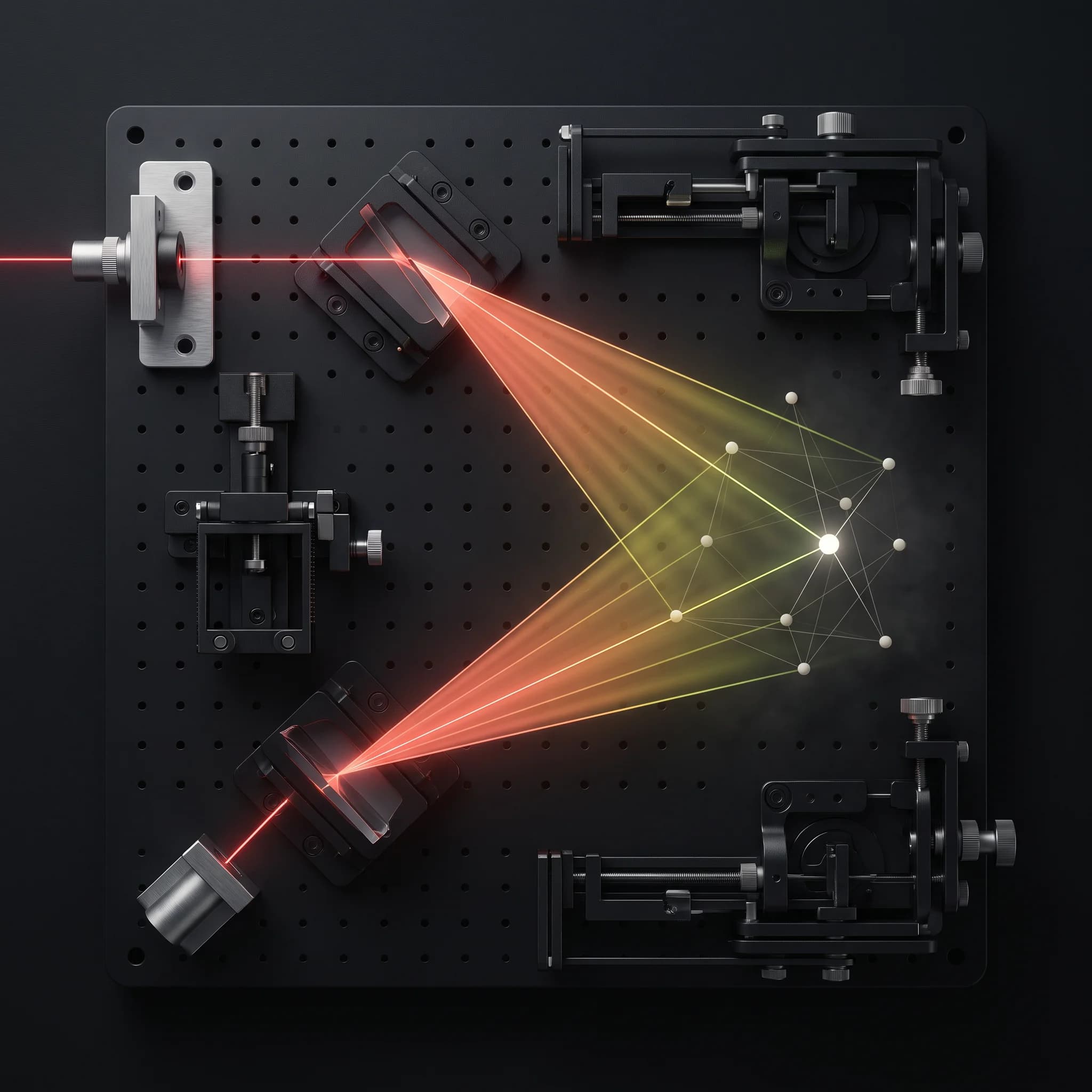Overhead view of a black optical bench where a red-orange beam crosses two prism stages and fans into amber and lime rays that meet a small constellation of white beads.