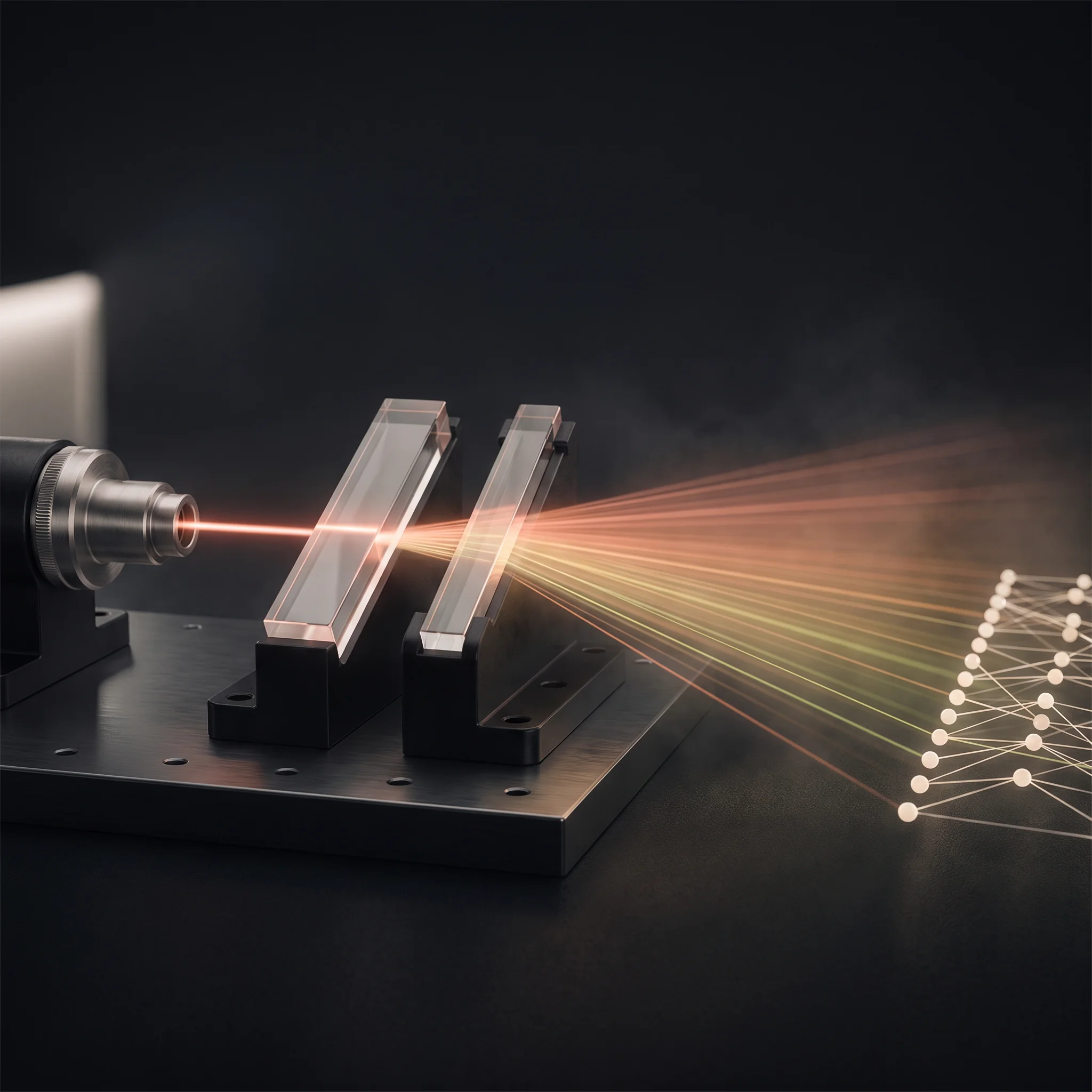A beam instrument firing an orange ray through two angled glass prisms, fanning into fine amber and lime rays that resolve into a constellation of small white beads.