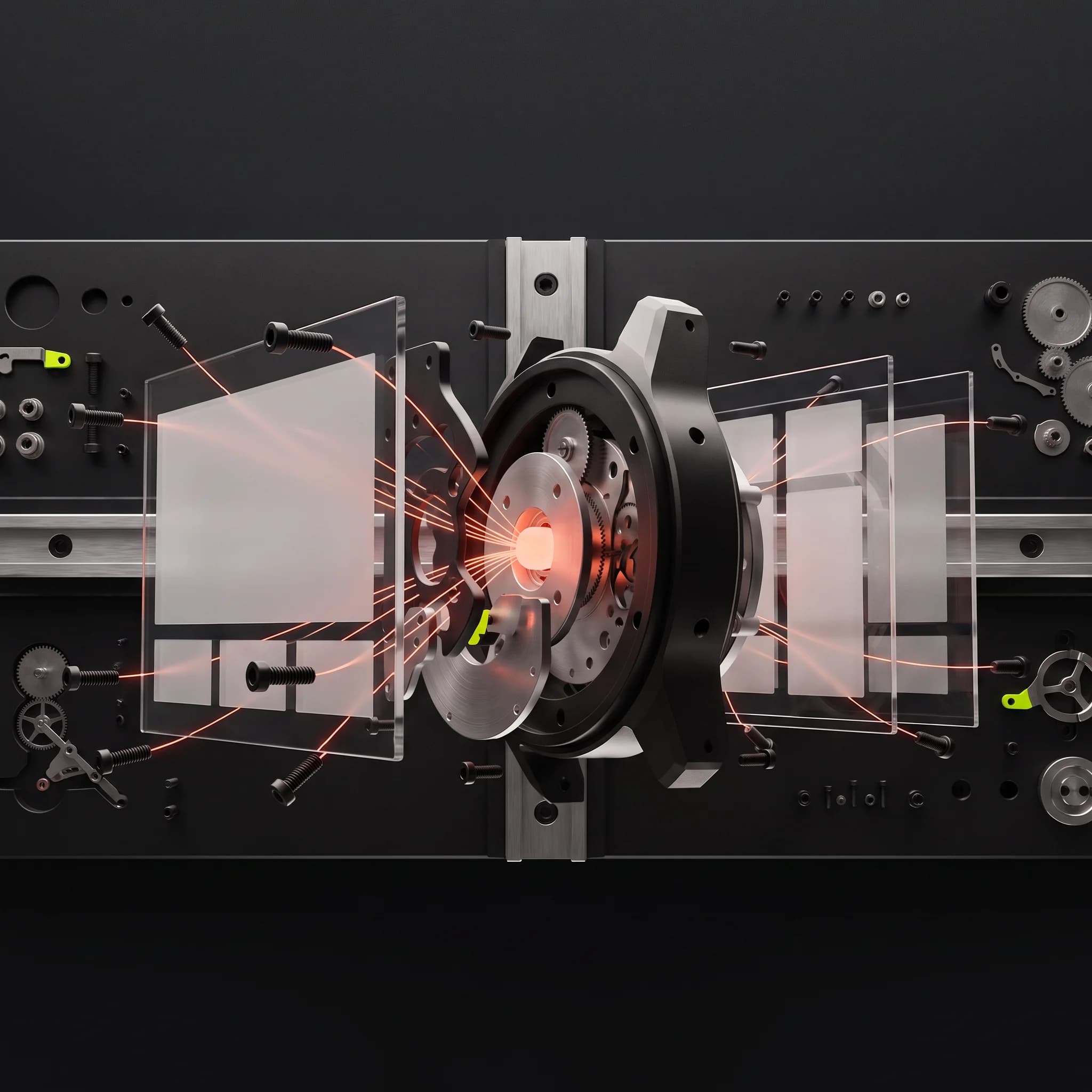 Assembly bench with clear page-layout panes on brushed metal rails converging on a dark rotary gear hub, fine orange filaments arcing between the panes and rows of small screws and gears laid out on the matte black surface.