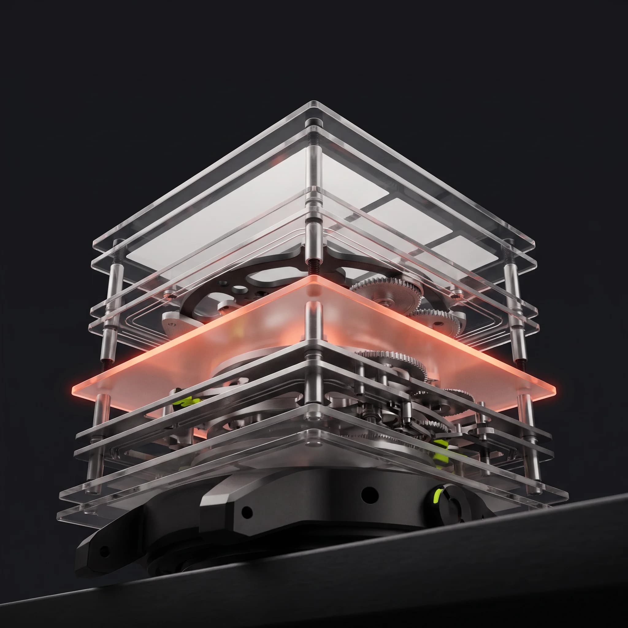 View up through a corner of layered glass panes on metal standoffs, one layer edge-lit warm orange, small gears and linkages visible between the transparent levels.
