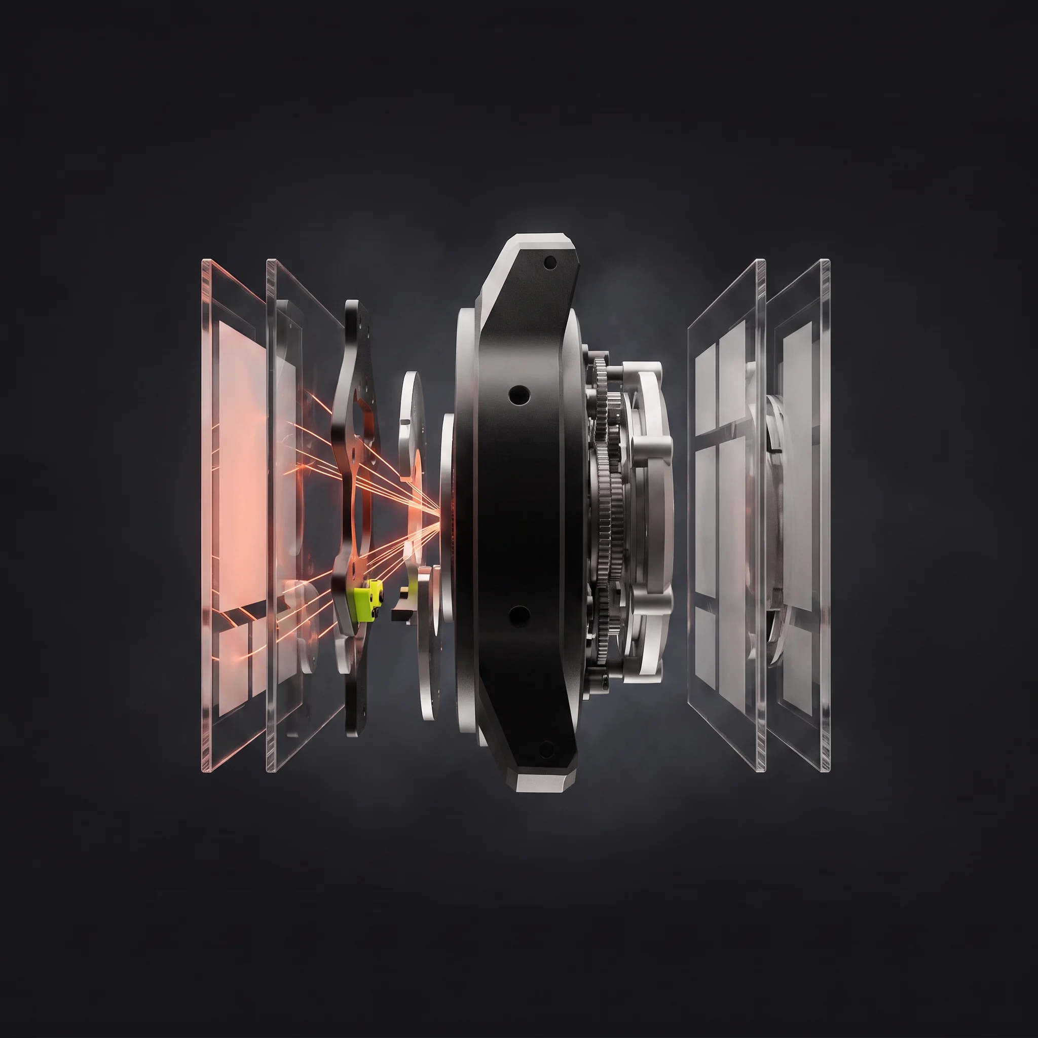 Side profile of an exploded stack of clear glass page panes flanking a dark machined hub, one pane glowing warm orange, thin light filaments threading the gaps between layers.