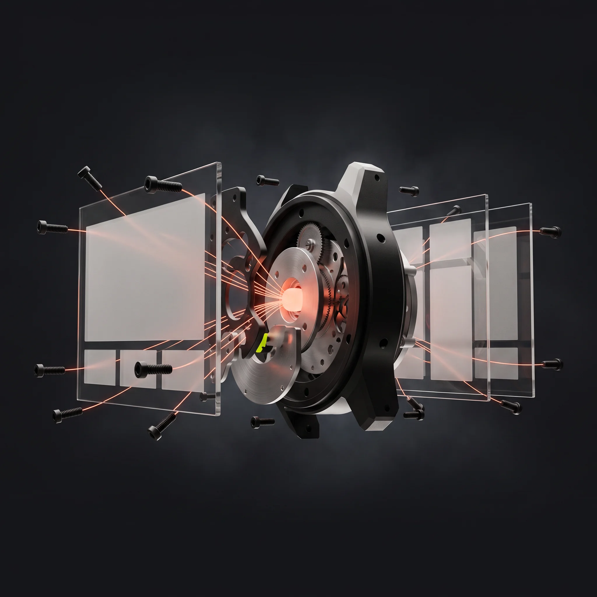 Exploded assembly of clear glass panes carrying frosted blank page layouts, flanking a black gear hub threaded with fine orange light filaments, screws floating around it.