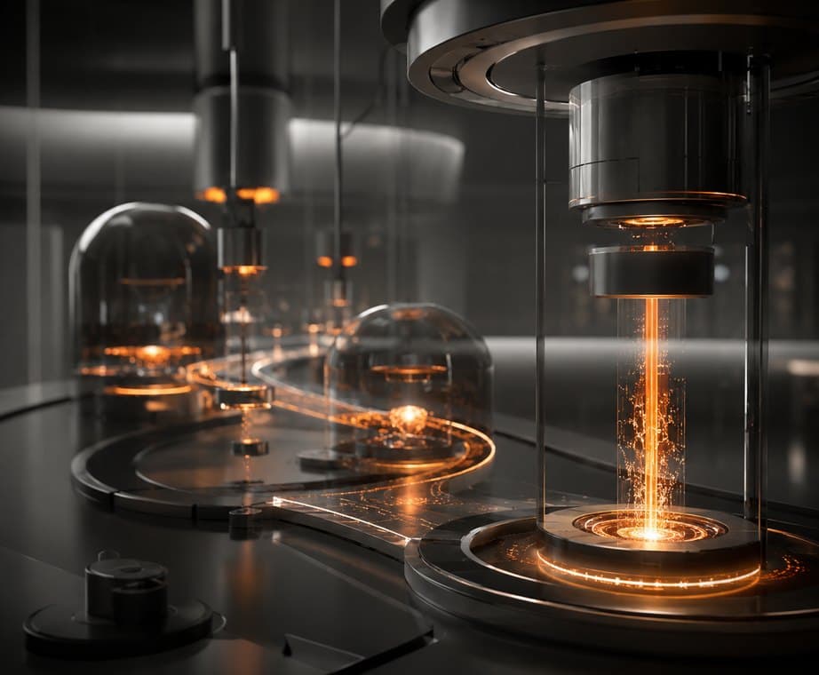 Precision black-and-glass mechanism with a restrained orange light