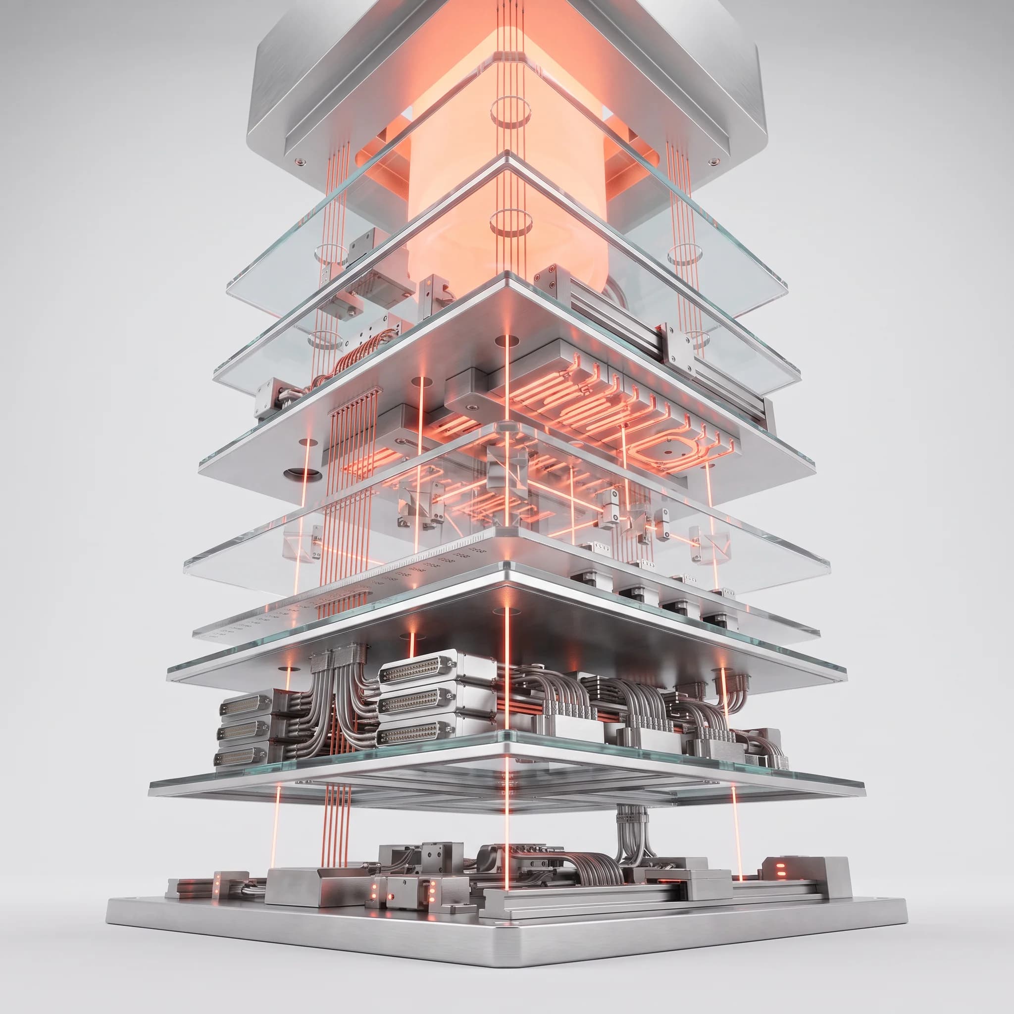 A seven-level machine of brushed-aluminium and glass shelves, each level carrying its own rails, connector banks and cable runs, with a column of orange light running up the centre and a lit core crowning the top.